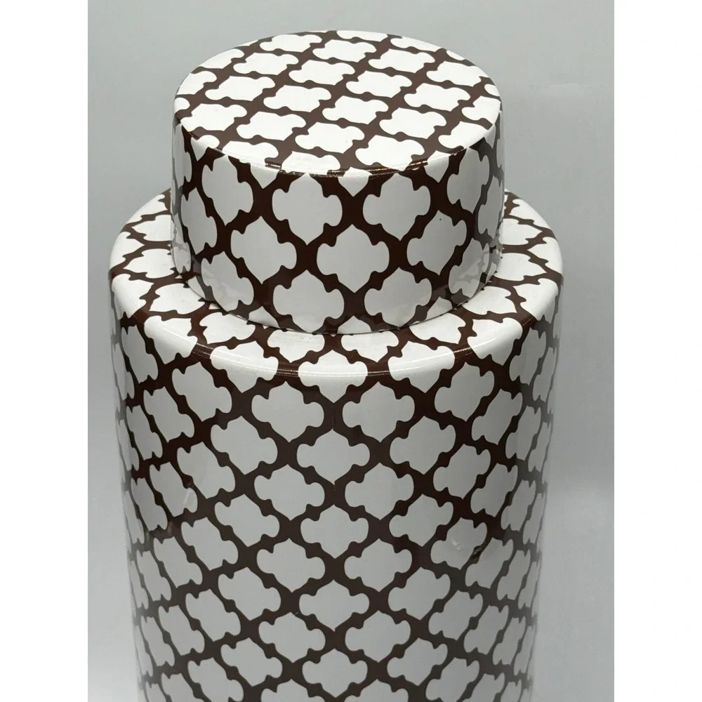 Pottery Barn Large Ceramic Decorative Canister Brown White Quatrefoil 18‎ Inch